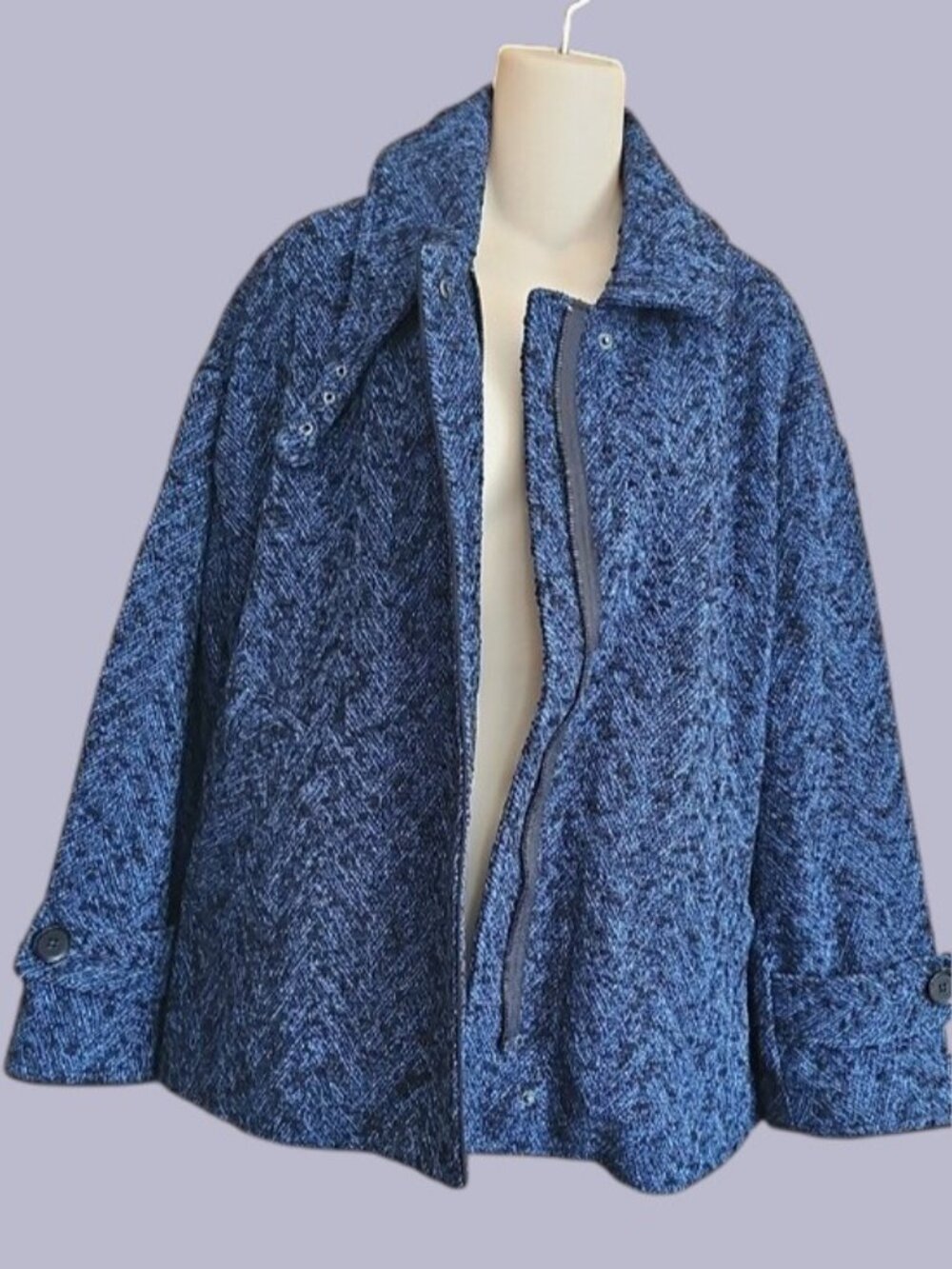 Banana Republic Blue Herringbone Tweed Funnel Neck Jacket - M - Picture 2 of 14